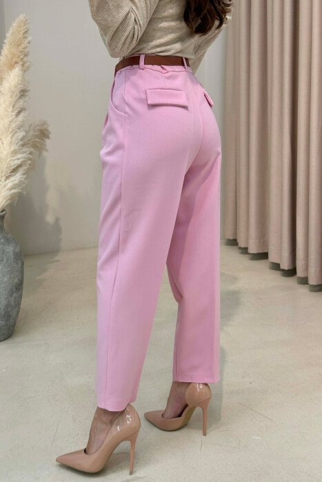 ONE COLOR BELT DETAIL WOMEN TROUSERS PINK/ROZE - 8