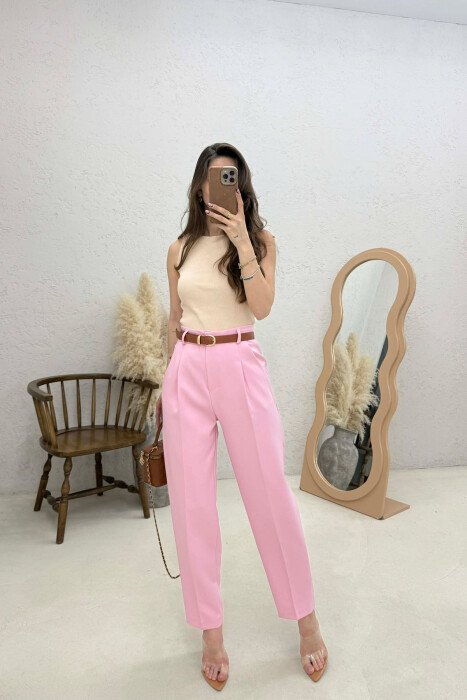 ONE COLOR BELT DETAIL WOMEN TROUSERS PINK/ROZE - 2