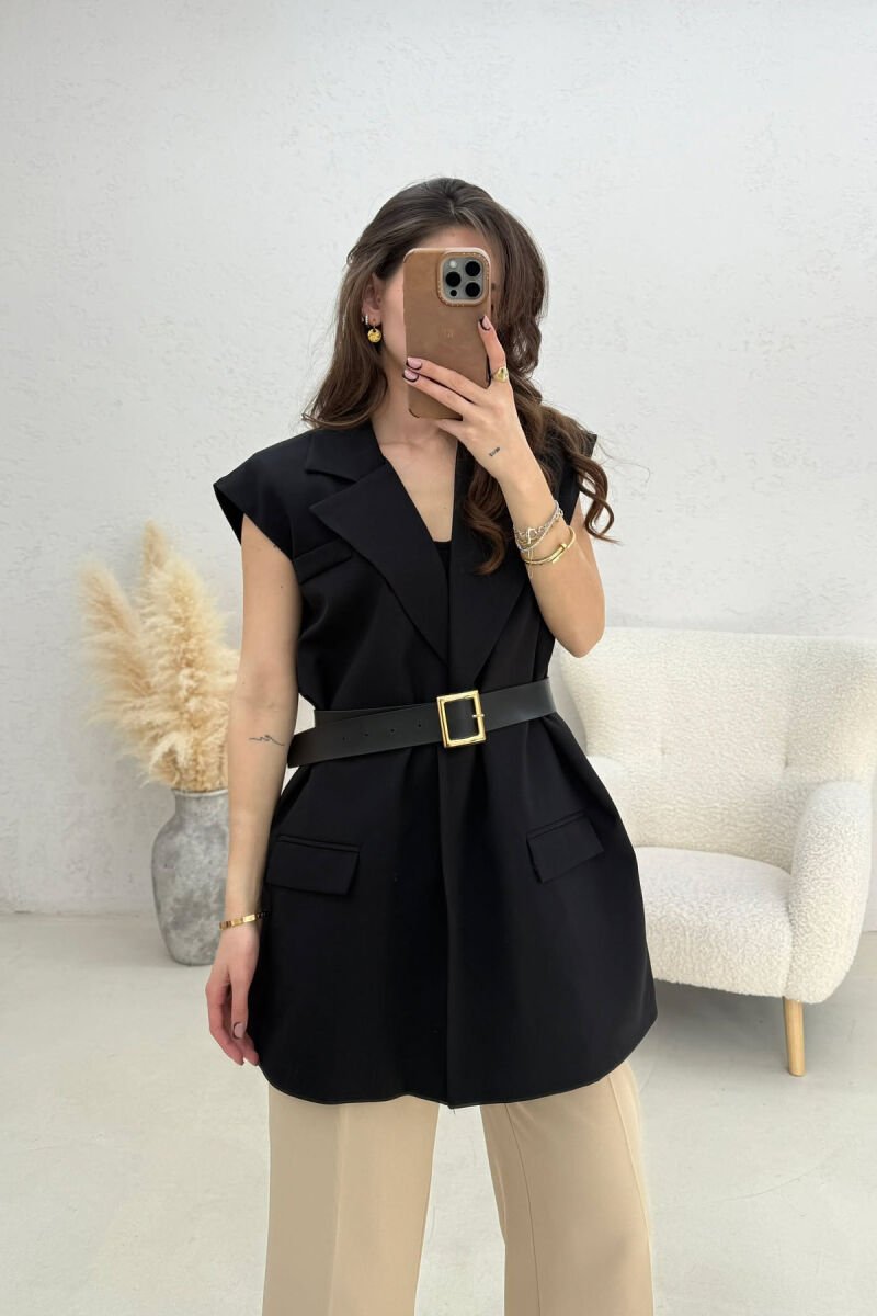 ONE COLOR BELT DETAIL WOMEN VEST BLACK/ E ZEZE - 1
