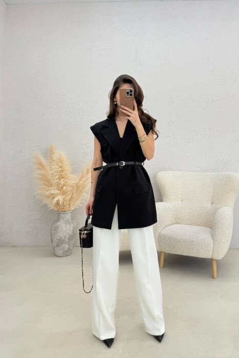 ONE COLOR BELT DETAIL WOMEN VEST BLACK/ E ZEZE - 1