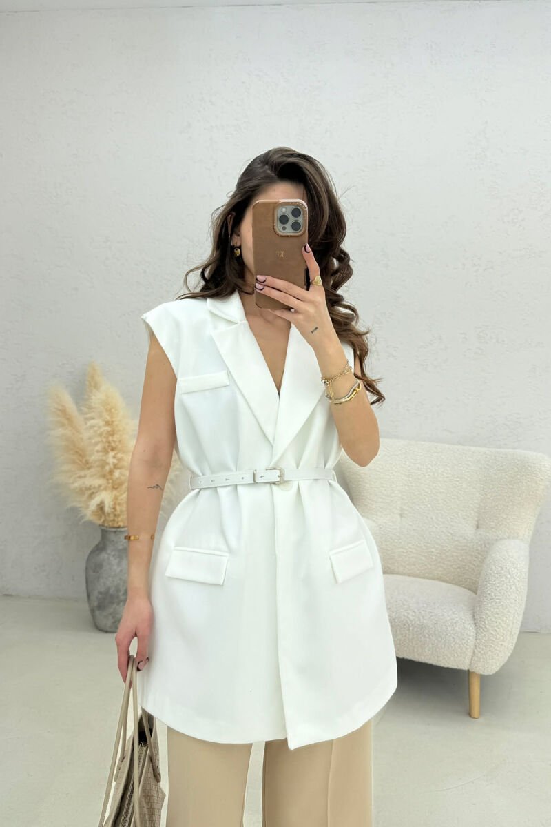 ONE COLOR BELT DETAIL WOMEN VEST WHITE-E BARDHE - 4