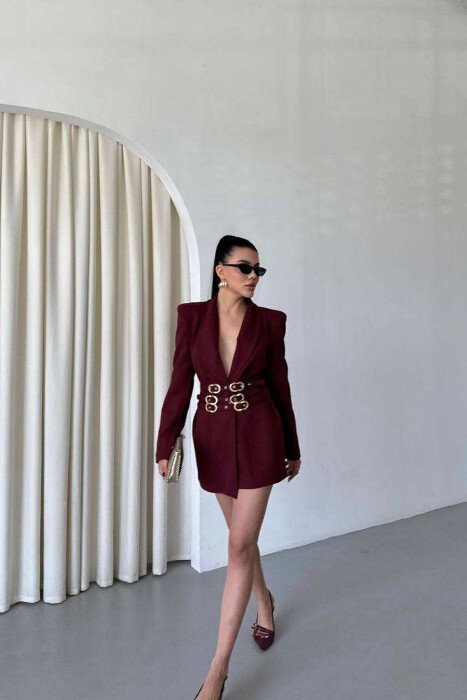 ONE COLOR BELT DETAILS WOMEN JACKET BURGUNDY/VISHNJE - KLAUDIO FASHION