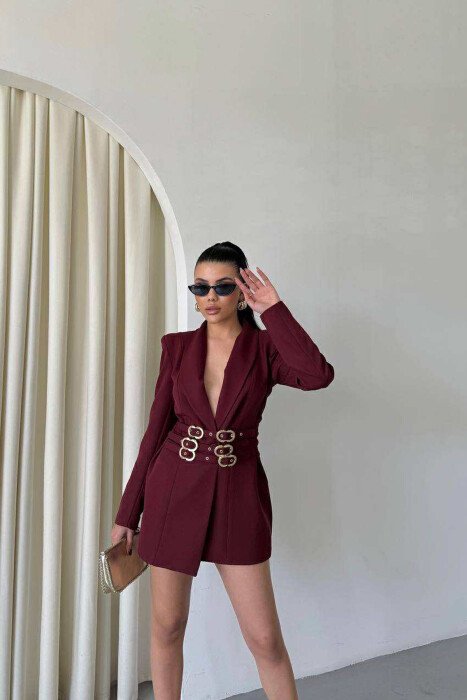 ONE COLOR BELT DETAILS WOMEN JACKET BURGUNDY/VISHNJE - 5