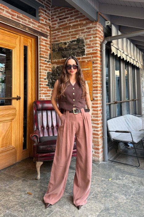 ONE COLOR BELT DETRAIL WOMAN TROUSERS BROWN/KAFE - KLAUDIO FASHION