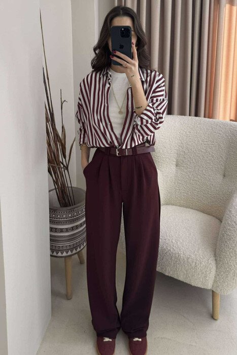 ONE COLOR BELT WOMEN TROUSERS BURGUNDY/VISHNJE - 1
