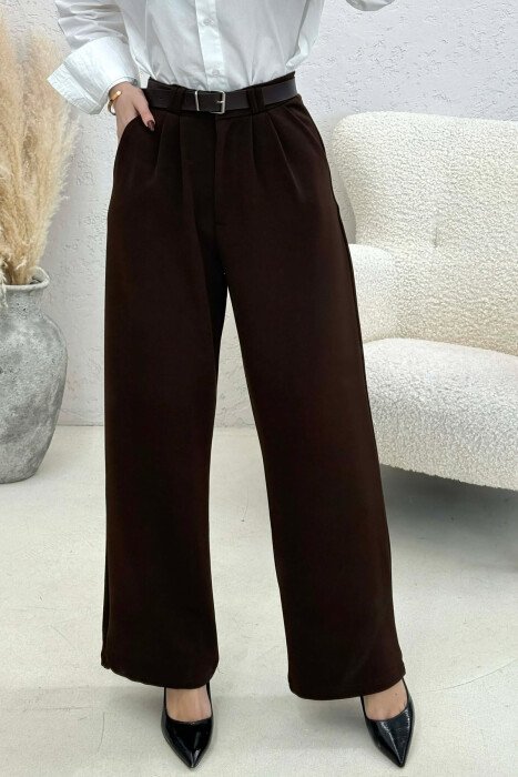 PANTALLONA NJË NGJYRËSHE ME DETAJIN E RRIPIT PËR FEMRA NË NGJYRËN KAFE TE ERRET - KLAUDIO FASHION