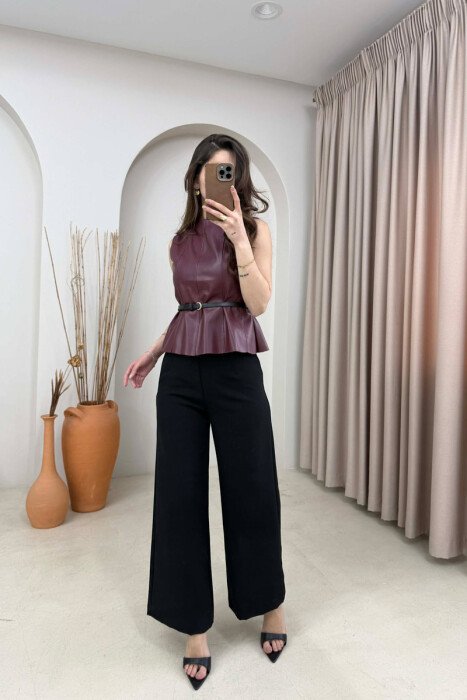 ONE COLOR BELTED LEATHER WOMEN VEST BURGUNDY/VISHNJE - 2