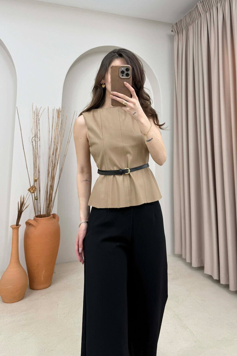 ONE COLOR BELTED LEATHER WOMEN VEST DARK BEIGE/BEZHE ERRET - 1