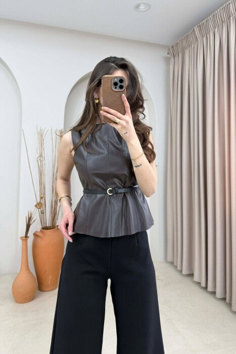 ONE COLOR BELTED LEATHER WOMEN VEST DARK BROWN/KAE - KLAUDIO FASHION