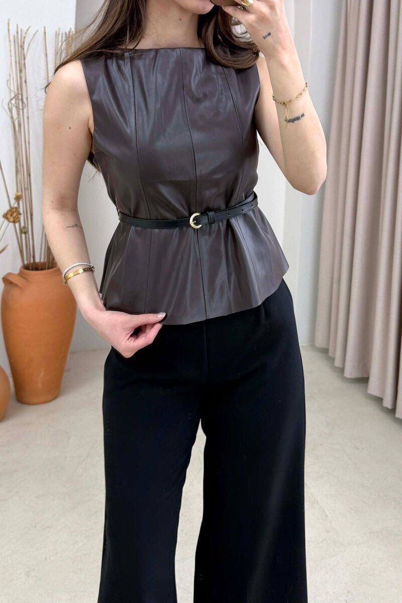 ONE COLOR BELTED LEATHER WOMEN VEST DARK BROWN/KAE - 3