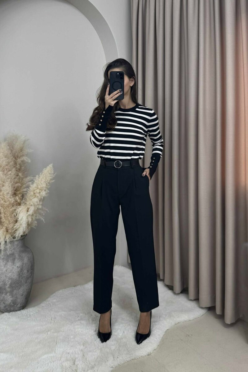ONE COLOR BELTED SEMI ELASTIC WAIST WOMEN TROUSERS BLACK/ E ZEZE - 1