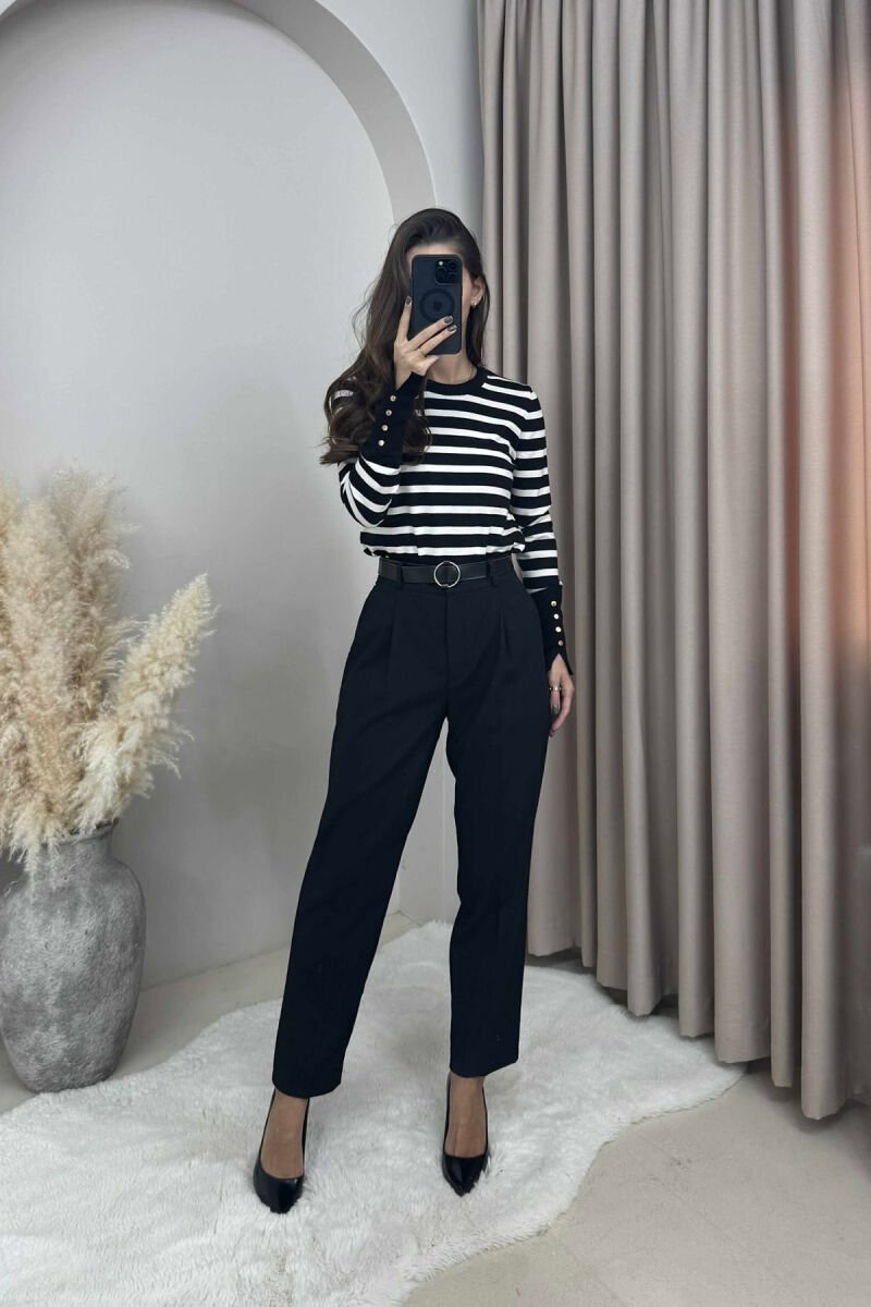 ONE COLOR BELTED SEMI ELASTIC WAIST WOMEN TROUSERS BLACK/ E ZEZE - 2
