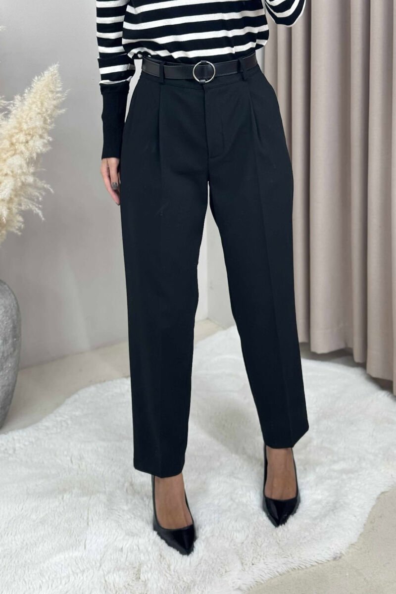 ONE COLOR BELTED SEMI ELASTIC WAIST WOMEN TROUSERS BLACK/ E ZEZE - 3