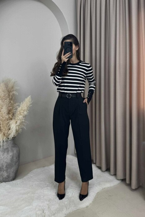 PANTALLONA NJË NGJYRËSHE ME BEL GJYSËM ELASTIK & RRIP PËR FEMRA NË NGJYRË TË ZEZË - KLAUDIO FASHION