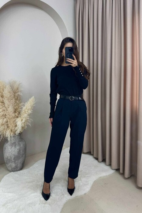 ONE COLOR BELTED SEMI ELASTIC WAIST WOMEN TROUSERS DARK BLUE/BEE - 2