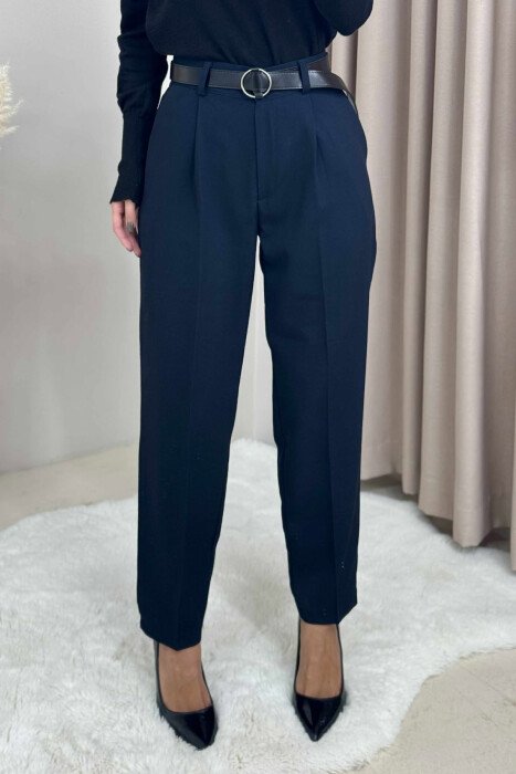 ONE COLOR BELTED SEMI ELASTIC WAIST WOMEN TROUSERS DARK BLUE/BEE - 3