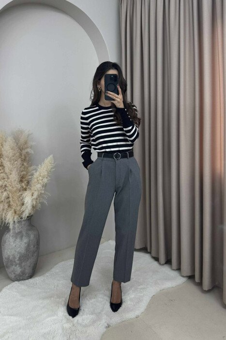 ONE COLOR BELTED SEMI ELASTIC WAIST WOMEN TROUSERS GREY/GRI 