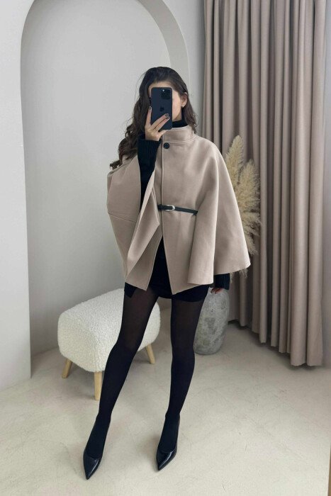 ONE COLOR BELTED WOMEN CAPE COAT BEIGE/BEZHE - 1