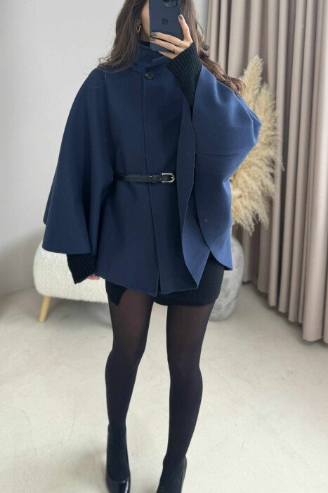ONE COLOR BELTED WOMEN CAPE COAT BLUE/BLU - 4
