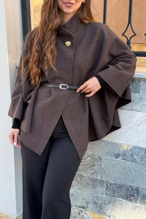 ONE COLOR BELTED WOMEN CAPE COAT DARK BROWN/KAE - 2