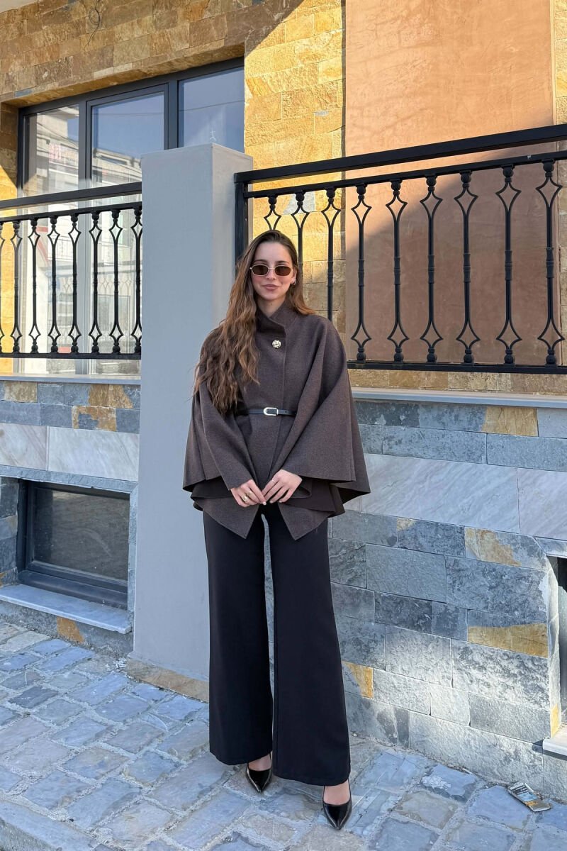 ONE COLOR BELTED WOMEN CAPE COAT DARK BROWN/KAE - 4