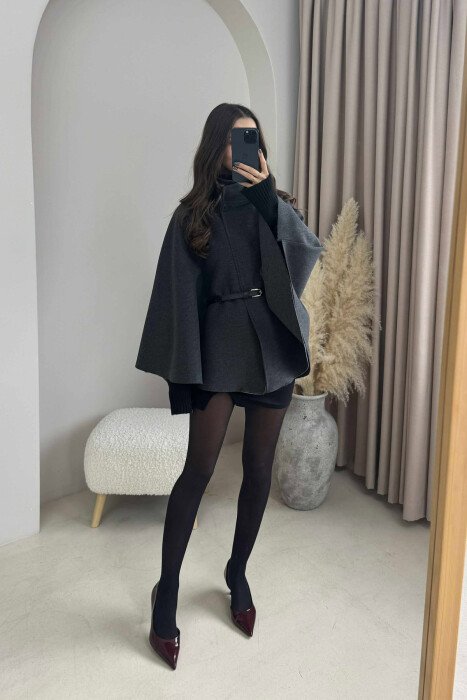 ONE COLOR BELTED WOMEN CAPE COAT DARK GREY/GEE - KLAUDIO FASHION