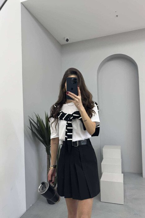 ONE COLOR BELTED WOMEN SKIRT BLACK/ E ZEZE - 3
