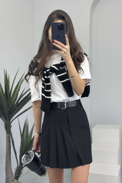 ONE COLOR BELTED WOMEN SKIRT BLACK/ E ZEZE - 4