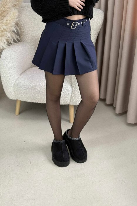 ONE COLOR BELTED WOMEN SKIRT DARK BLUE/BEE 