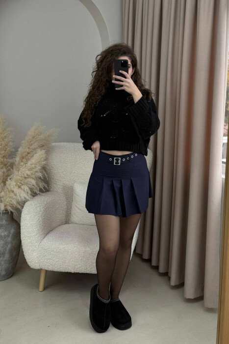 ONE COLOR BELTED WOMEN SKIRT DARK BLUE/BEE - 2