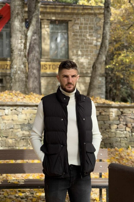 ONE COLOR BIG FRONT POCKETS HIDDEN BUTTON+ZIPPER MEN VEST BLACK/ E ZEZE - 4