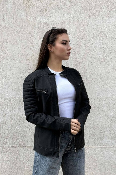 ONE COLOR BIKER WOMEN JACKET BLACK/ E ZEZE - KLAUDIO FASHION