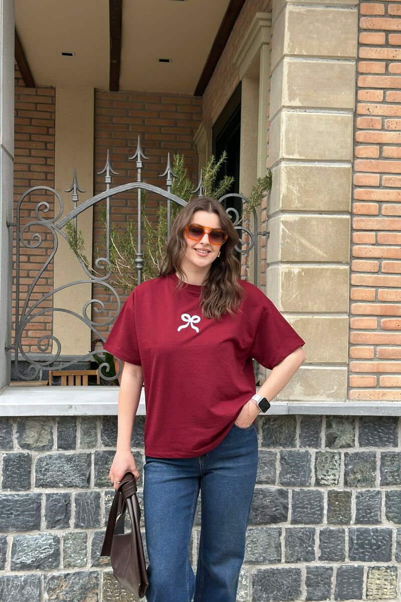 ONE COLOR BOW DESIGN WOMAN T-SHIRT BURGUNDY/VISHNJE - 1
