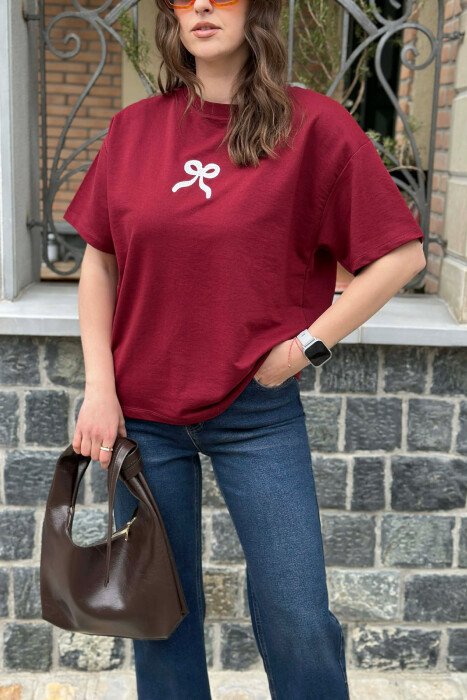 ONE COLOR BOW DESIGN WOMAN T-SHIRT BURGUNDY/VISHNJE - 2