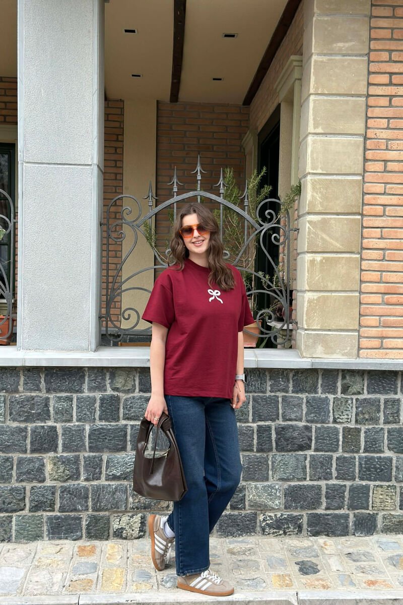 ONE COLOR BOW DESIGN WOMAN T-SHIRT BURGUNDY/VISHNJE - 3