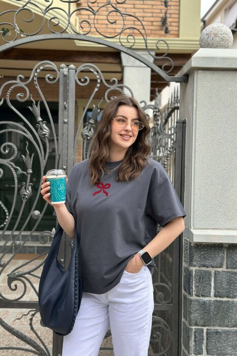 ONE COLOR BOW DESIGN WOMAN T-SHIRT DARK GREY/GEE 