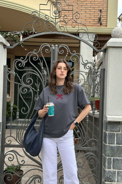 ONE COLOR BOW DESIGN WOMAN T-SHIRT DARK GREY/GEE - 6