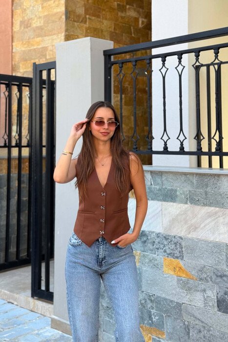 ONE COLOR BOW DETAIL BUTTONS WOMAN VEST BROWN/KAFE - 5