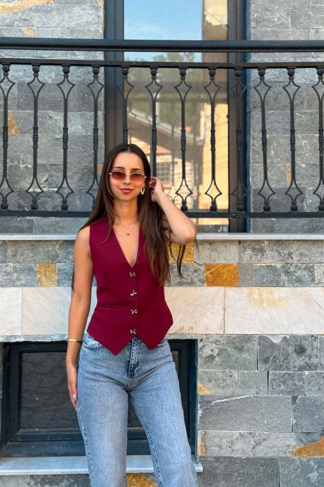 ONE COLOR BOW DETAIL BUTTONS WOMAN VEST BURGUNDY/VISHNJE - 3