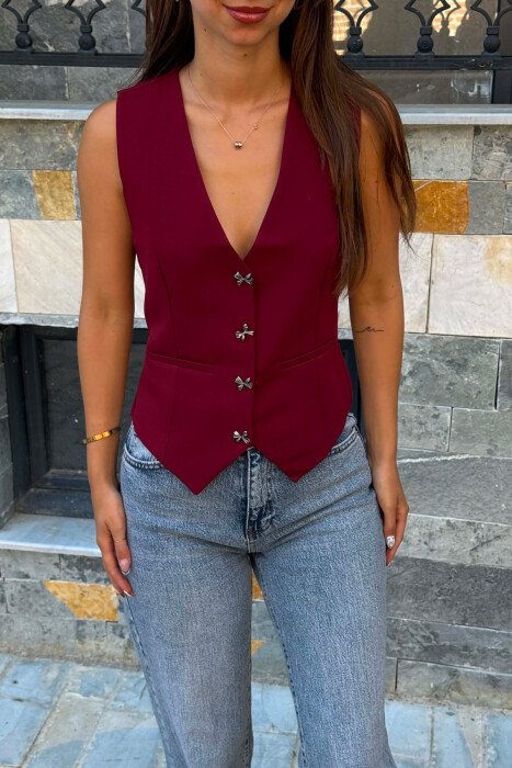 ONE COLOR BOW DETAIL BUTTONS WOMAN VEST BURGUNDY/VISHNJE - 4