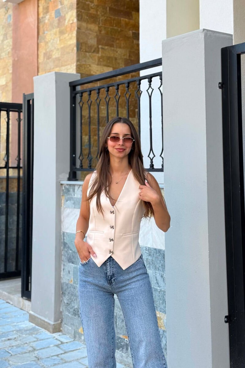 ONE COLOR BOW DETAIL BUTTONS WOMAN VEST CREAM/KREM - 1