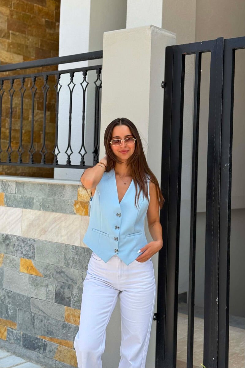 ONE COLOR BOW DETAIL BUTTONS WOMAN VEST LIGHTBLUE/BZ - 5
