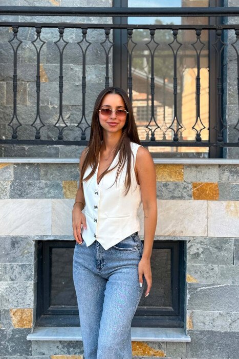ONE COLOR BOW DETAIL BUTTONS WOMAN VEST WHITE-E BARDHE - KLAUDIO FASHION