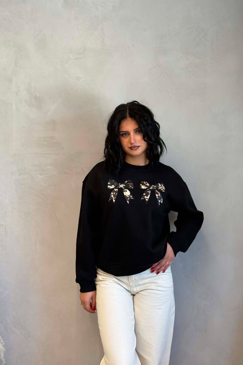 ONE COLOR BOW DETAILS FLUFFY WOMAN SWEATSHIRT BLACK/ E ZEZE - 1