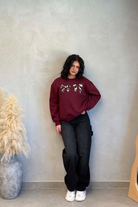 ONE COLOR BOW DETAILS FLUFFY WOMAN SWEATSHIRT BURGUNDY/VISHNJE - 2