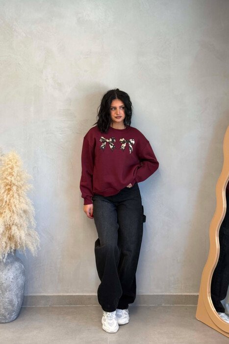 ONE COLOR BOW DETAILS FLUFFY WOMAN SWEATSHIRT BURGUNDY/VISHNJE - 3