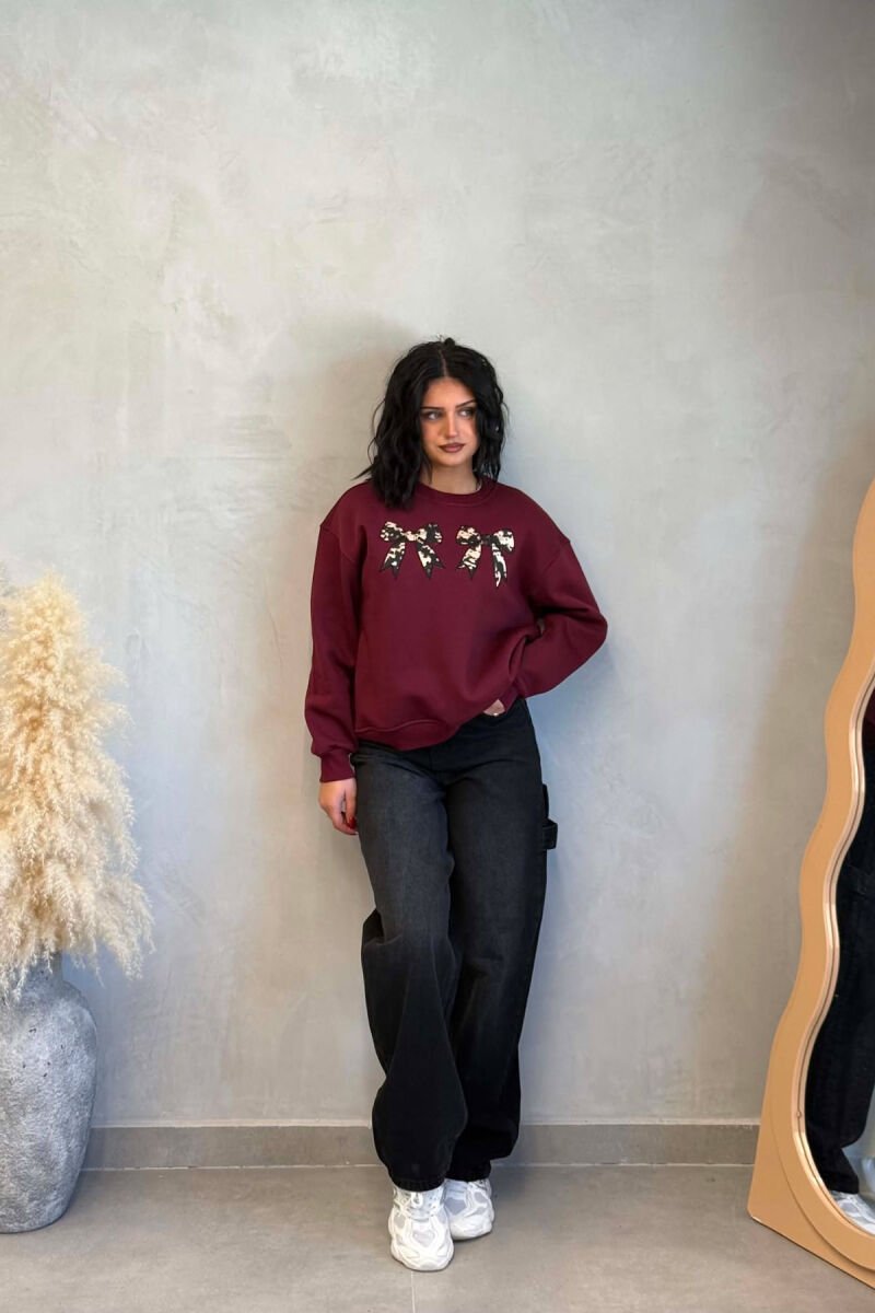 ONE COLOR BOW DETAILS FLUFFY WOMAN SWEATSHIRT BURGUNDY/VISHNJE - 3