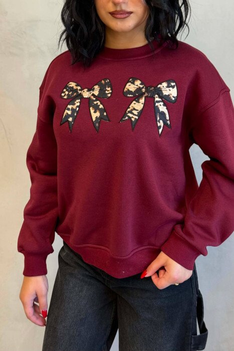 ONE COLOR BOW DETAILS FLUFFY WOMAN SWEATSHIRT BURGUNDY/VISHNJE - 4