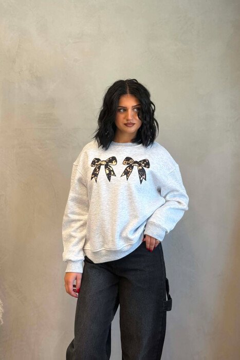 ONE COLOR BOW DETAILS FLUFFY WOMAN SWEATSHIRT LIGHT GREY/GZ - KLAUDIO FASHION