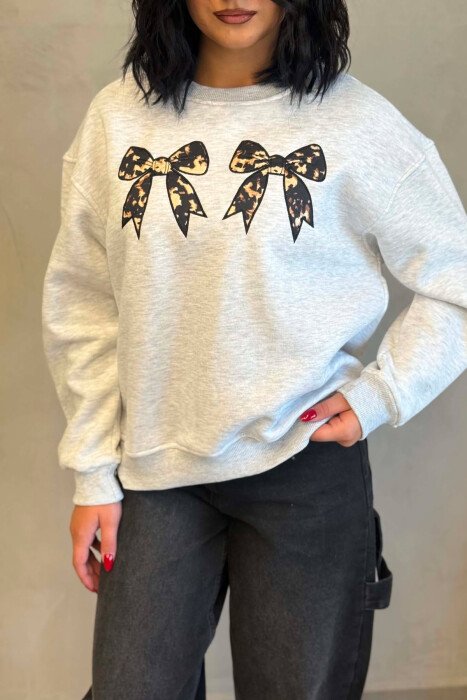 ONE COLOR BOW DETAILS FLUFFY WOMAN SWEATSHIRT LIGHT GREY/GZ - 4